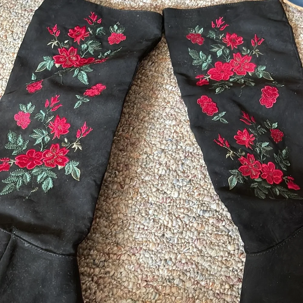 Libby Edelman Black Over the Knee Boots with Red Floral Embroidery